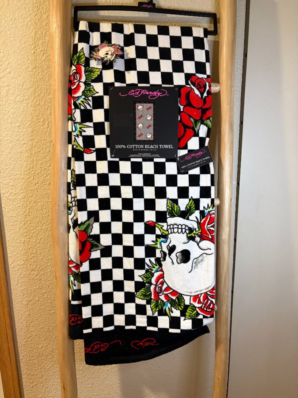 Ed Hardy Checkered Skull Rose Beach Towel 100% Cotton 36x68 NWT
